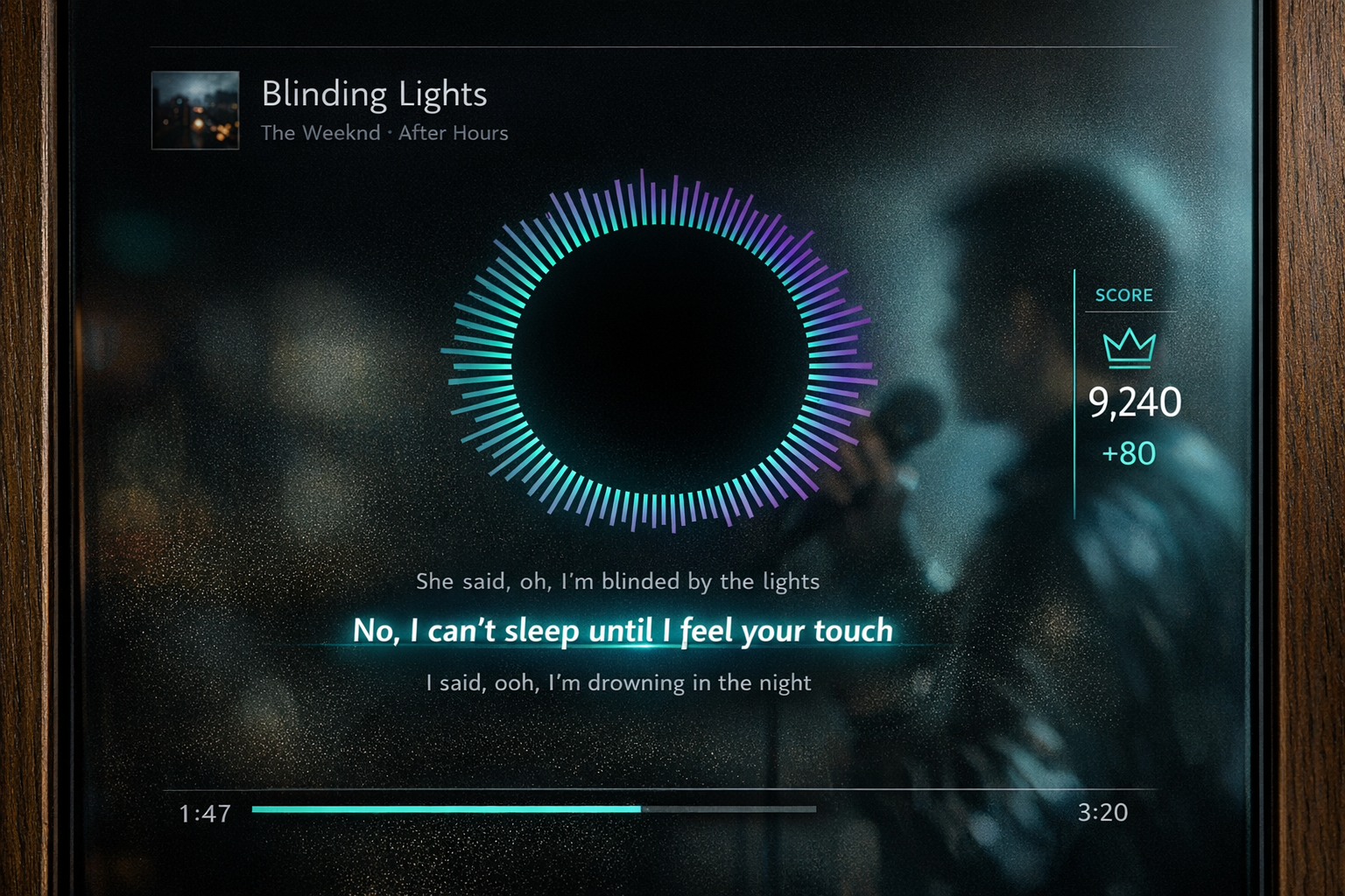 Mira smart mirror in karaoke mode with synced scrolling lyrics and RGB lighting