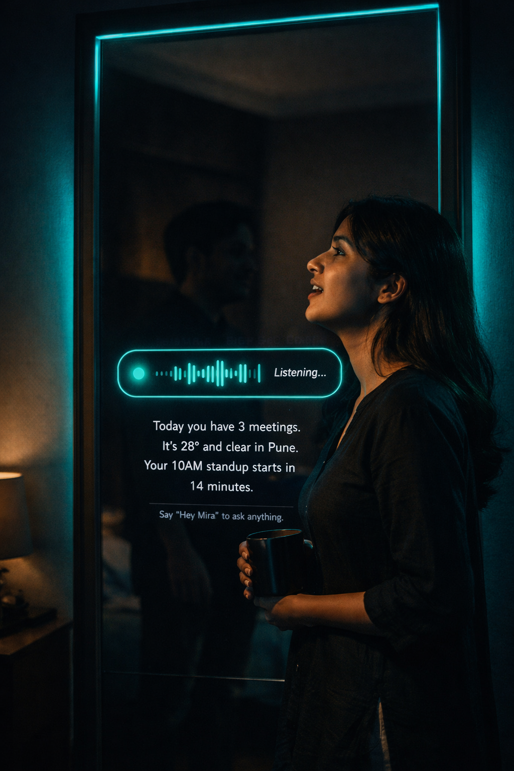 Voice command interface responding to Hey Mira on the smart mirror