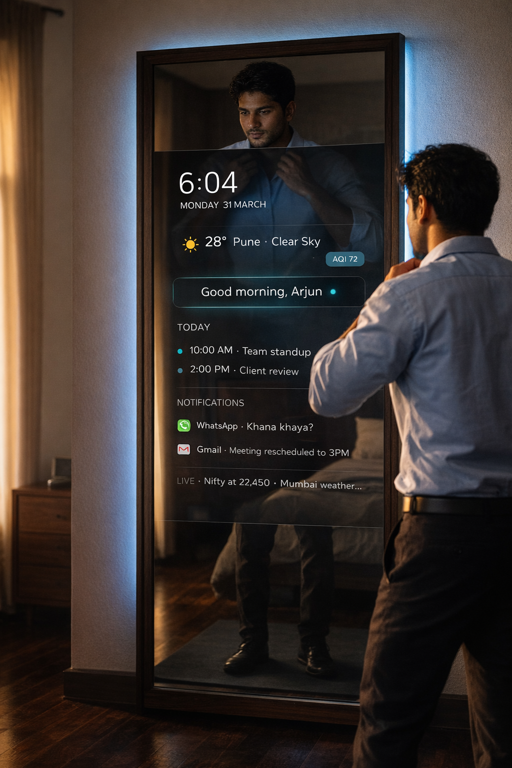 WhatsApp notifications displayed on the Mira smart mirror